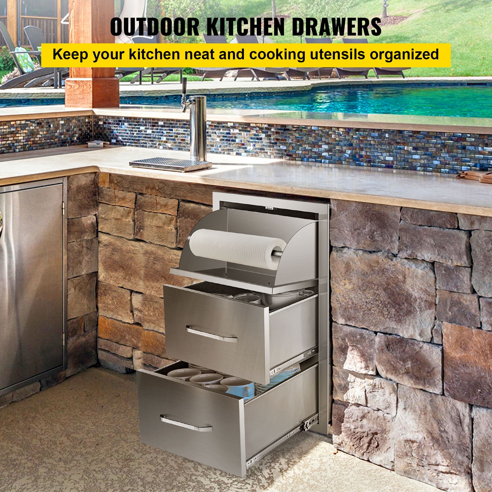 17W X 30H X 21D Inch Outdoor Kitchen Stainless Steel Double Access Drawers With Paper Towel Holder Combo For BBQ Island Or Grill Station_maomaolike.com